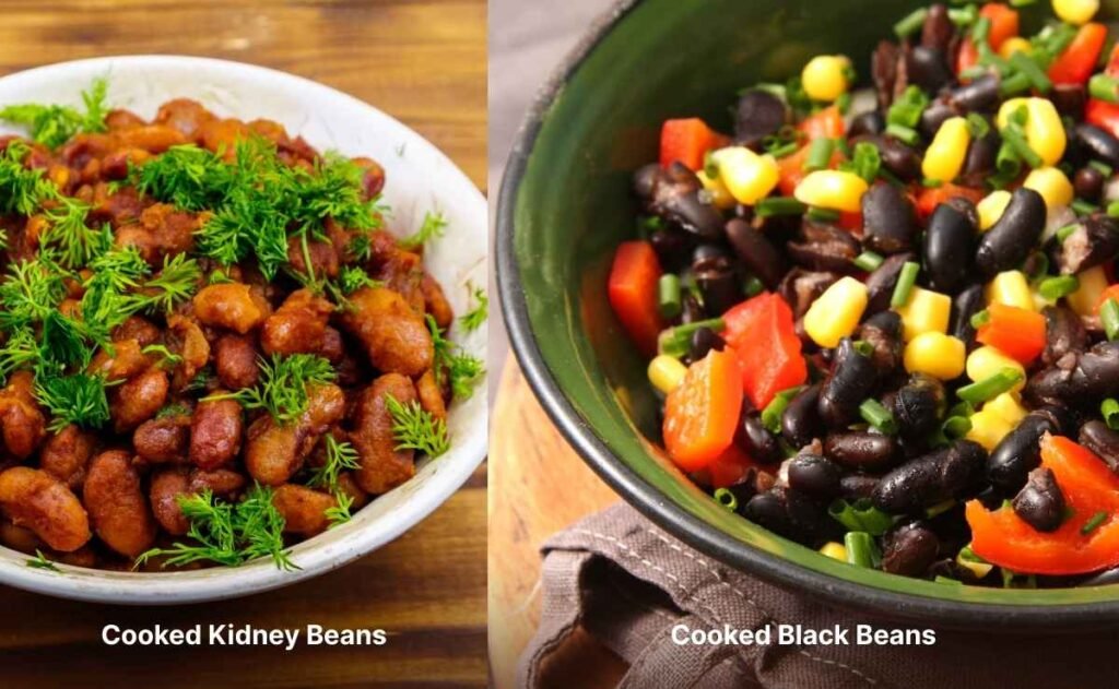 Cooked black beans vs kidney beans comparison, highlighting their soft textures and rich colors Cooked black beans vs kidney beans comparison, highlighting their soft textures and rich colors