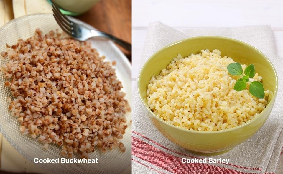 Side-by-side image of cooked buckwheat and barley, highlighting their texture and appearance. Side-by-side image of cooked buckwheat and barley, highlighting their texture and appearance.