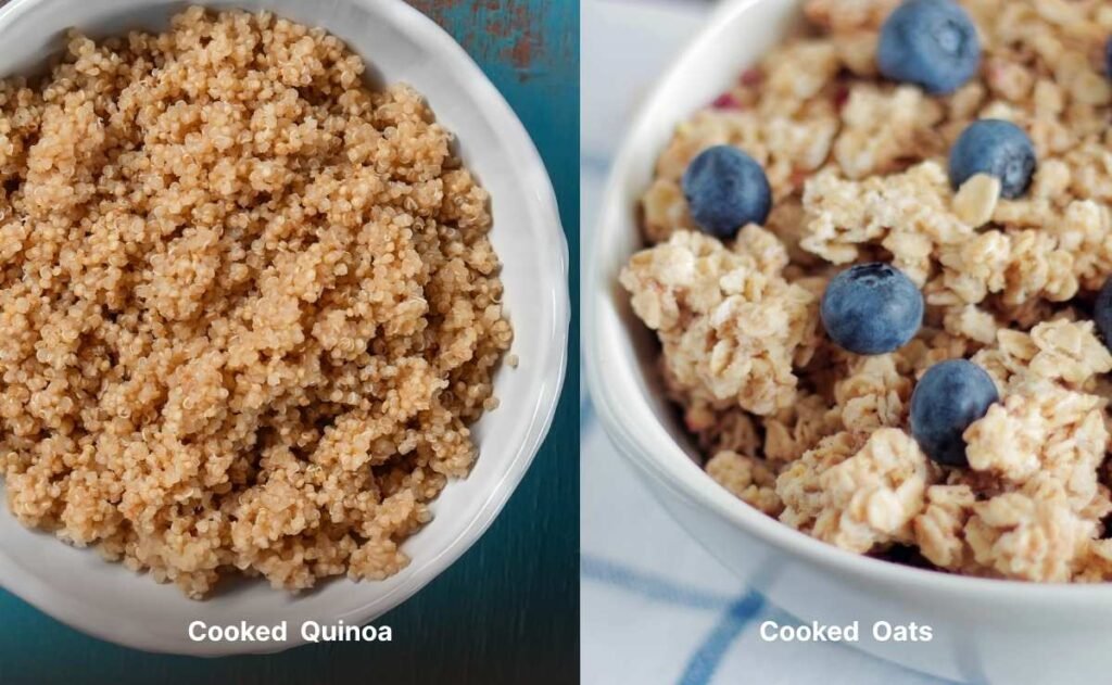Cooked quinoa and oats in bowls, placed next to each other, see how each supergrain transforms when prepared Cooked quinoa and oats in bowls, placed next to each other, see how each supergrain transforms when prepared